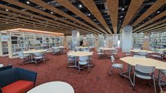 Library active learning area with modern bookshelves and study spaces