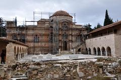 Dafni Monastery on the outskirts of Athens viewed from the monastery courtyard with its interior under scaffolding