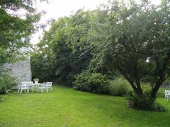 Back garden of Cygnaeus Gallery with lush greenery and pathway in Helsinki Finland