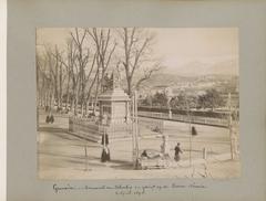 Monument of Isabella I of Castile with Christopher Columbus in Granada with Sierra Nevada mountains in the background