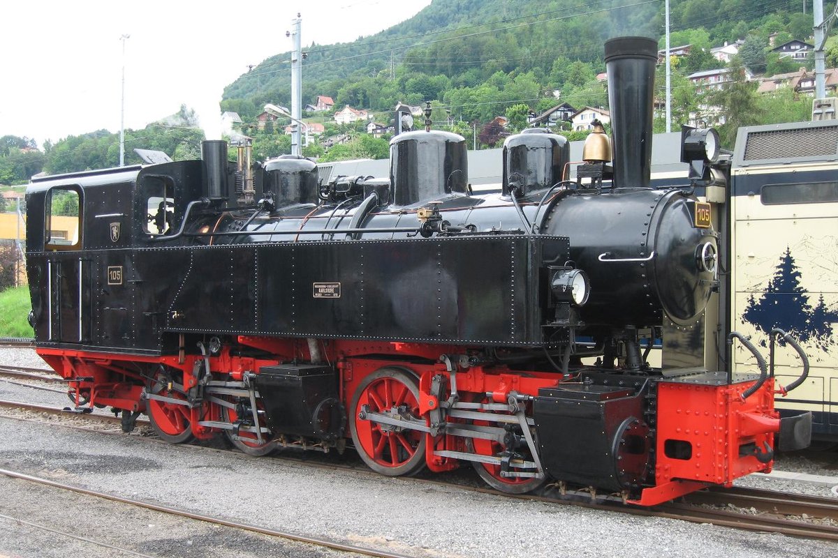 Mallet steam locomotive G 2x2/2 105 Todtnau of the former Südwestdeutsche Eisenbahn-Gesellschaft on display at the Blonay-Chamby heritage railway in spring 2011