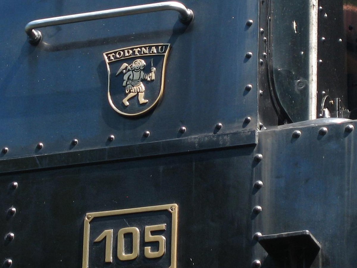 Todtnau city coat of arms on Mallet steam locomotive G 2x2/2 105 Todtnau from Südwestdeutsche Eisenbahn-Gesellschaft at Blonay-Chamby museum railway