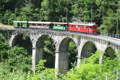 Historic train crossing the Viaduc de la Baye de Clarens on the Blonay–Chamby heritage railway in spring