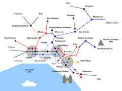Map showing railway and tram lines along the Vaud Riviera region between Vevey, Montreux, Chillon (Château de Chillon) and Villeneuve