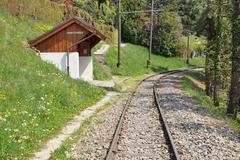 Chantemerle stop on the Blonay–Chamby railway with snow-covered platform and heritage train