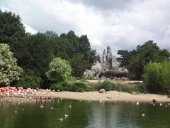 Flamingos, zebras, and ostriches at Hagenbeck Zoo in Hamburg