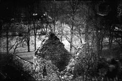 Ruins of Nydala Abbey and Bondkyrkan church against an eastern sky