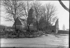 Ruins of Nydala Abbey with monastery church and Bondkyrkan viewed towards northwest