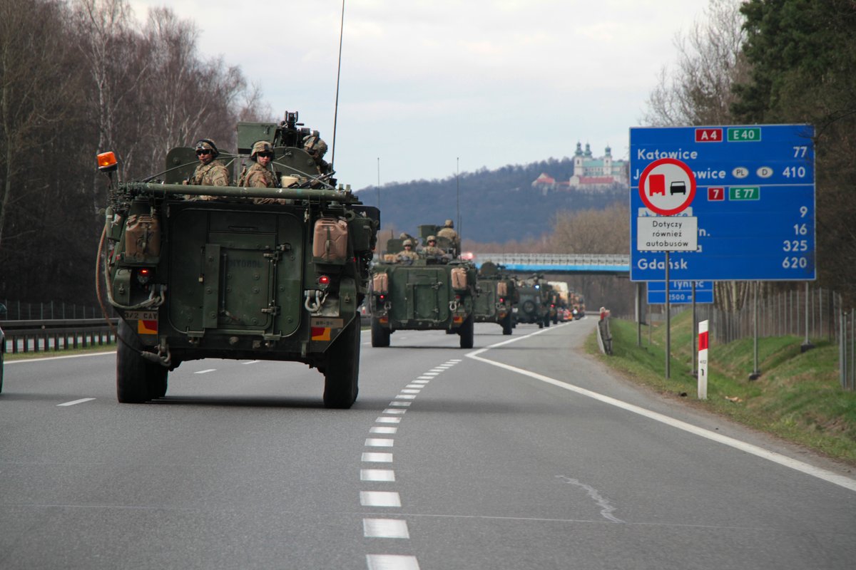 Stryker armored vehicle from Lightning Troop 3-2 Cavalry Regiment reaching old city of Krakow during Operation Dragoon Ride
