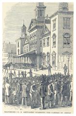 Historical image of U.S. Artillery guarding Camden Station Depot in Baltimore, 1882