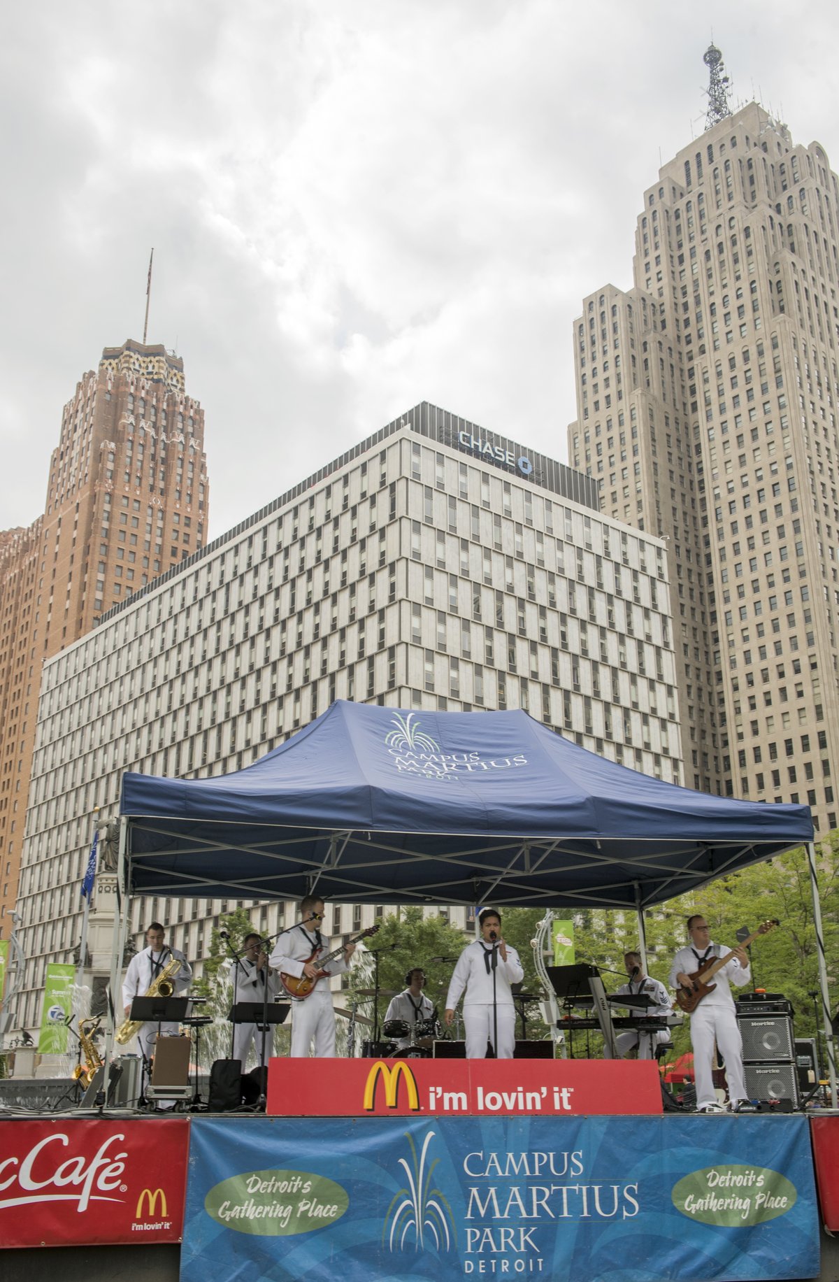 Navy Band Great Lakes Popular Music Group Horizon performing at Campus Martius Park Detroit during Navy Week