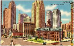 The heart of Detroit city skyline with prominent buildings in Wayne County Michigan