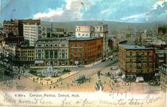 Campus Martius in Detroit, Michigan in 1907 with historic buildings and streets