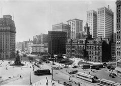 Aerial view of Campus Martius park in downtown Detroit, Michigan with surrounding skyscrapers