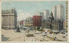 Historic Campus Martius Park in downtown Detroit, Michigan with buildings and streetcars