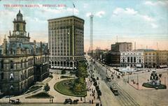 1914 aerial view of Campus Martius Park and surrounding buildings in downtown Detroit Michigan
