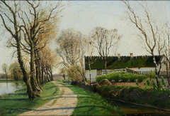 Painting of a rural farm scene with houses and trees in Rødovre, 1916