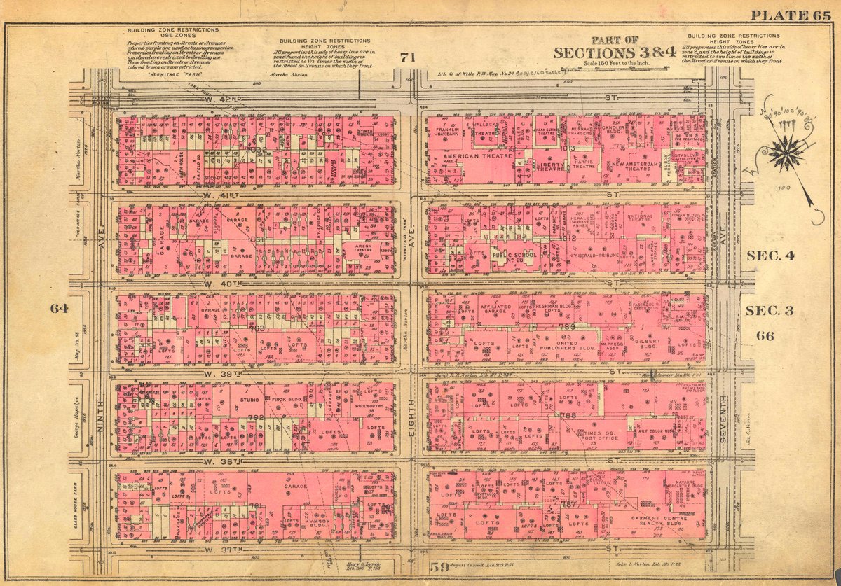 Historical 1930 Bromley Manhattan map plate showing Wallack's Theatre on 42nd Street east of 8th Avenue