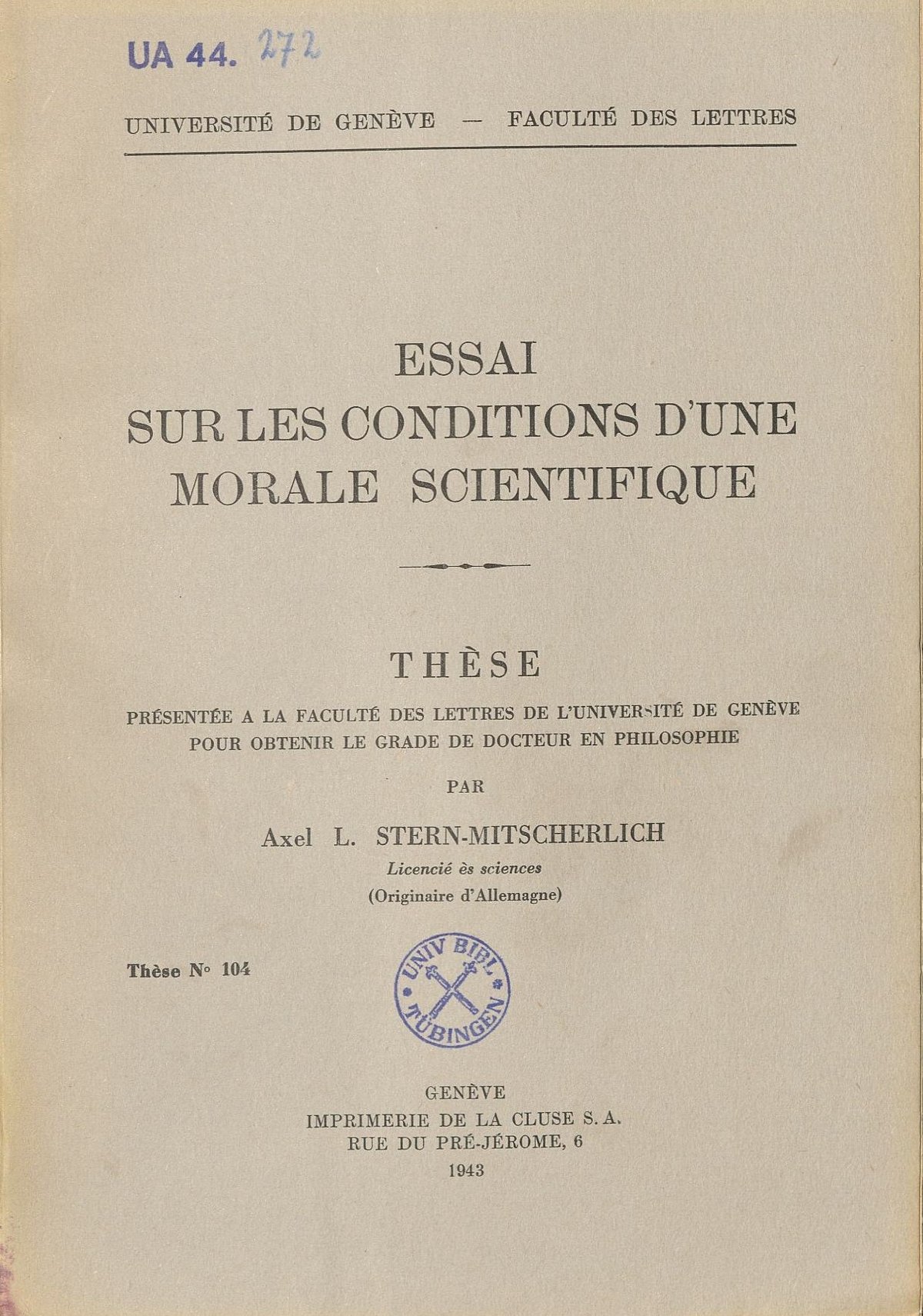 Cover of Axel Stern's 1943 book Morale Scientifique