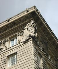 Close-up of Cunard House cornice architectural details in Liverpool