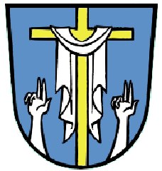 Coat of arms of Oberammergau with a blue lion on a golden background holding a red heart and a sword