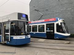 Two generations of tramways Flexity and Cobra at Zürich Tiefenbrunnen station