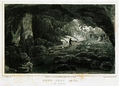 Historic black and white illustration of a cave near Bari in Attica from early 19th century travel book