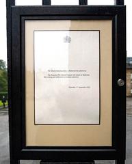 Official death notice of Queen Elizabeth II displayed on the gates of Holyrood Palace in Edinburgh