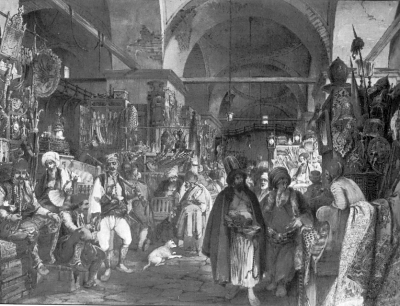 Historical drawings of the bustling bazaar in Constantinopole circa 1851