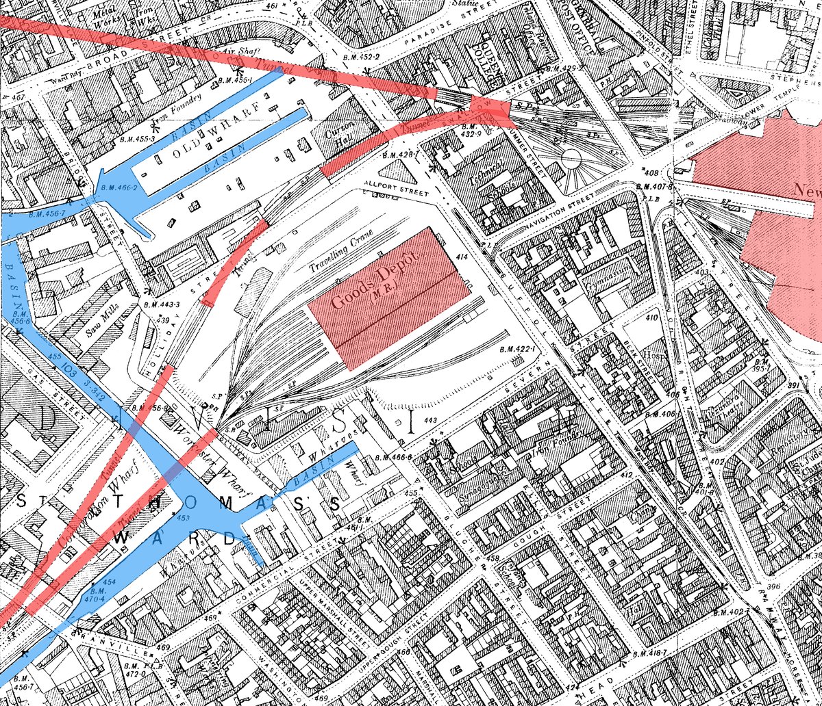Central Goods Railway Station in Birmingham on 1905 OS map showing canals, rail tunnels, and New Street stations