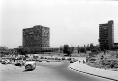 Old photograph of Ciudad Universitaria stadium and modules in Mexico City, April 1955
