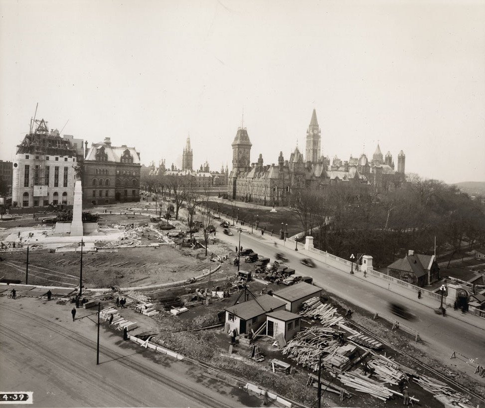 Construction site of Confederation Square with new Central Post Office under construction in Ottawa Canada