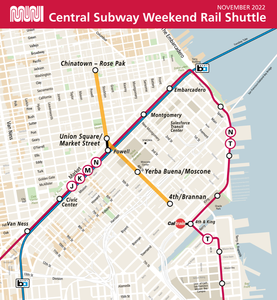 Map of Central Subway weekend shuttle service from November 19, 2022 to January 1, 2023