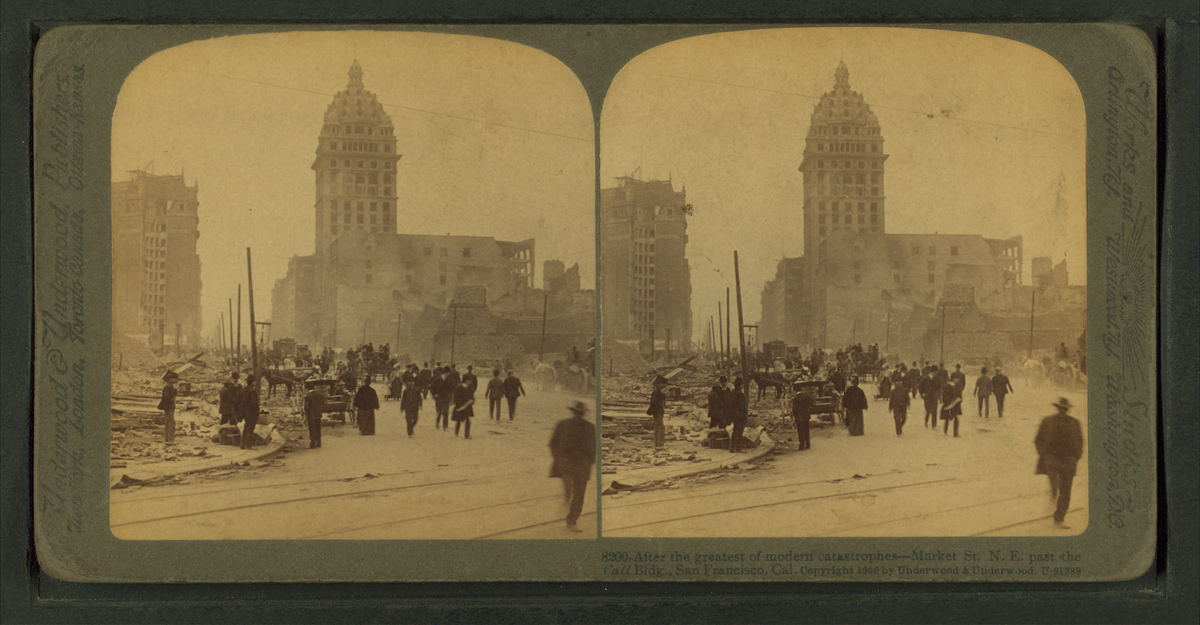 Aftermath of the 1906 San Francisco earthquake showing Market Street N.E. past the Call Building with significant damage and debris