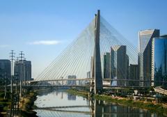 Octavio Frias de Oliveira Bridge in Sao Paulo at sunset with illuminated cables