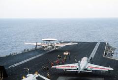 E-2C Hawkeye aircraft launched from USS John F. Kennedy during NATO Exercise DISPLAY DETERMINATION 1986 in Mediterranean Sea