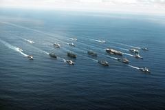 Aerial view of the USS John F. Kennedy aircraft carrier battle group underway in the Atlantic Ocean