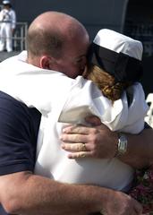 USS Kennedy aircraft carrier arrival in Norfolk, Virginia with Aviation Structural Mechanic 1st Class Jeanette Moore reunited with husband