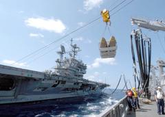 USS Seattle crew transporting ammunition to USS John F. Kennedy during underway replenishment in the Atlantic Ocean