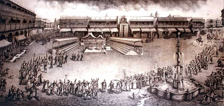 Historical Auto de Fe event in Lima with religious and colonial figures