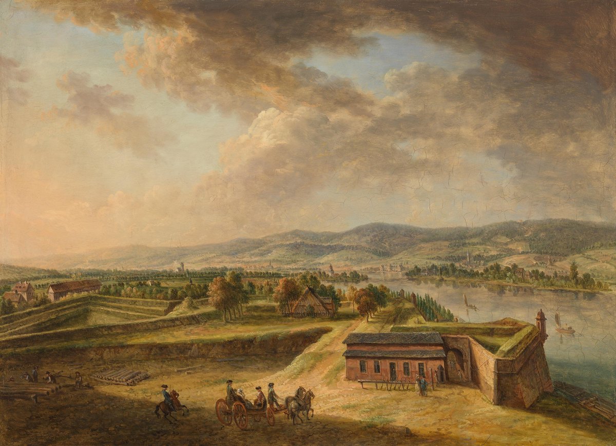 View from the northern bastions of the city of Mainz towards Bieberich with detailed landscape and buildings in historical artwork