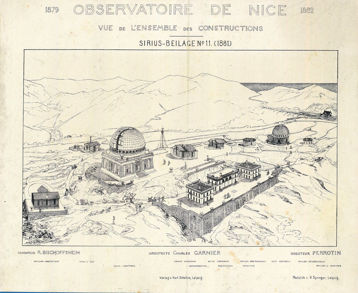 Historic black and white photograph of the Observatoire de Nice showing the complete buildings designed by Charles Garnier with founder R. Bischoffsheim and director Perrotin, dated 1879-1881