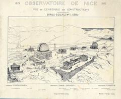 Historic black and white photograph of the Observatoire de Nice showing the complete buildings designed by Charles Garnier with founder R. Bischoffsheim and director Perrotin, dated 1879-1881