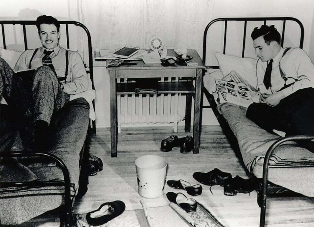 Black and white photo of Evans brothers in residence at University of Toronto Ajax Campus