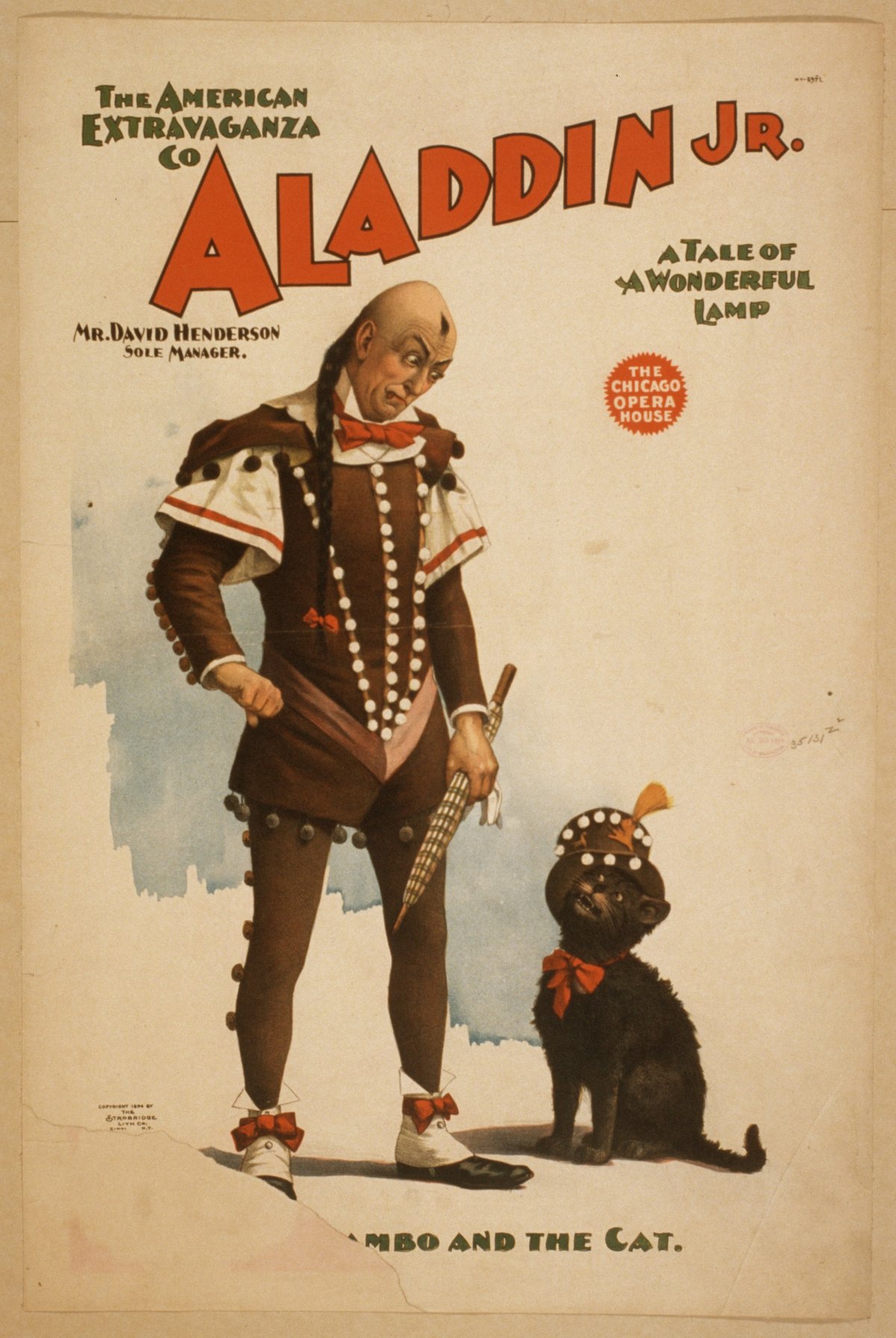 Color lithograph poster of Aladdin Jr. a tale of a wonderful lamp with vibrant theatrical imagery