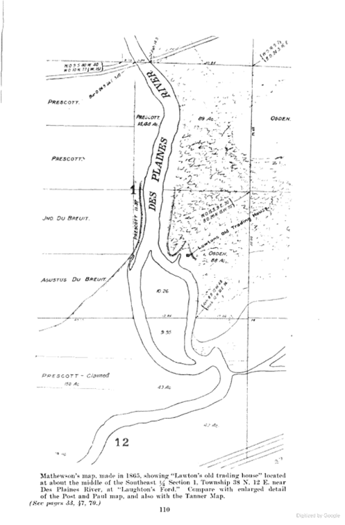 Historic map showing the old course of the Des Plaines River and the western end of the Chicago Portage