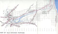 Historic map of the Chicago Portage superimposed on modern Chicago