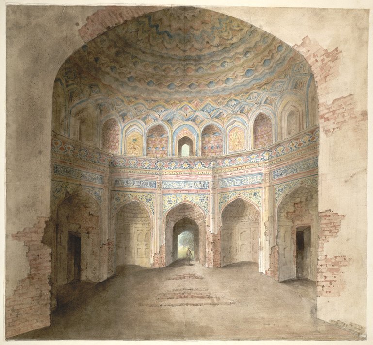 Interior of Afzal Khan's tomb at Agra with coloured tiles and painted stucco work