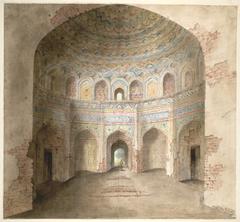 Interior of Afzal Khan's tomb at Agra with coloured tiles and painted stucco work