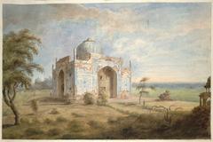Watercolour painting of the tomb of Afzal Khan known as Chini ka Rauza, covered in colourful Persian-style tiles